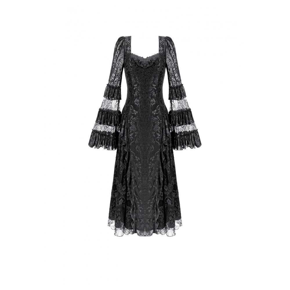 Darkinlove Women's Gothic Square Neck Jacquard Tiered Bell Sleeve Lace Mesh Maxi Dress