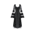 Darkinlove Women's Gothic Square Neck Jacquard Tiered Bell Sleeve Lace Mesh Maxi Dress