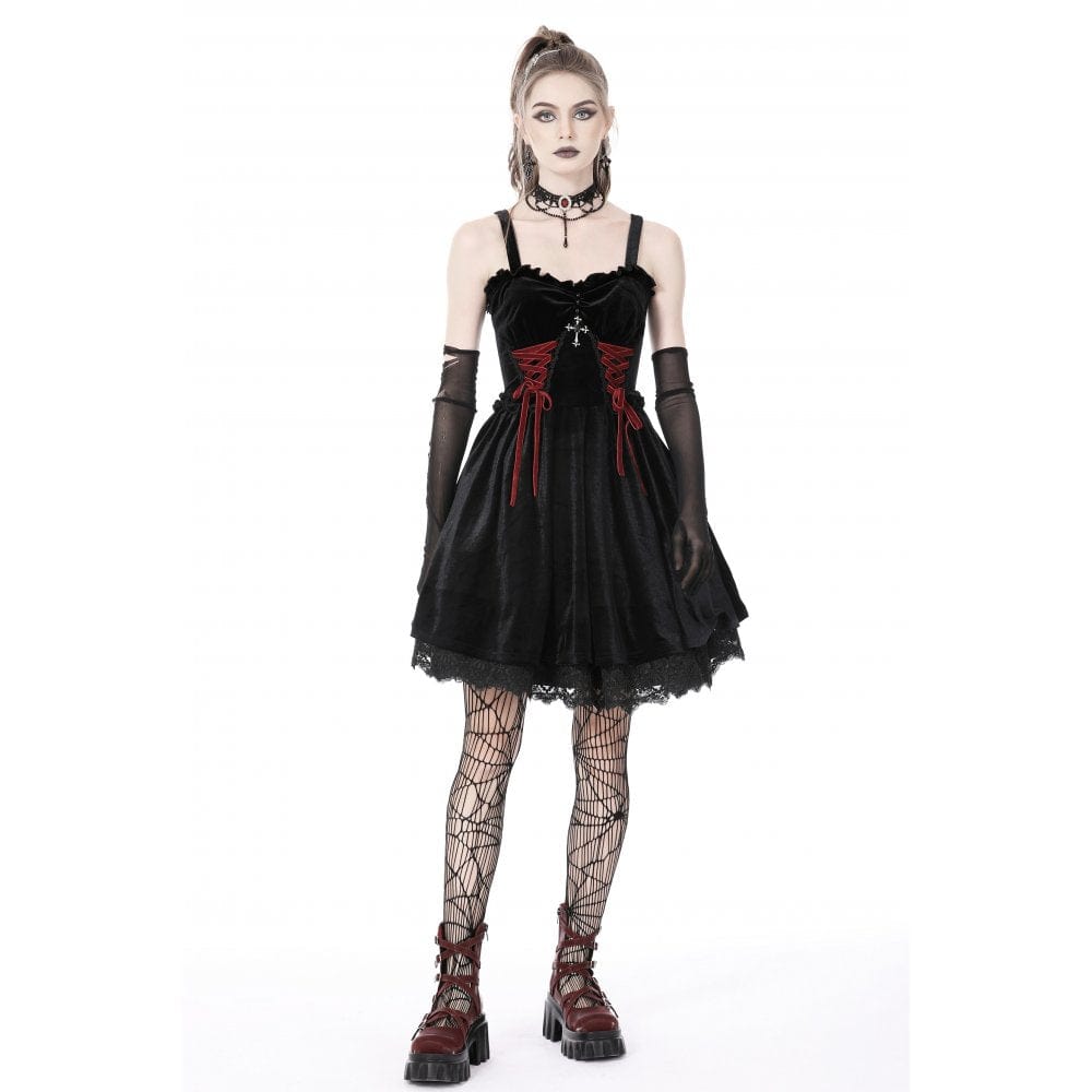 Darkinlove Women's Gothic Strappy Cross Velvet Slip Dress