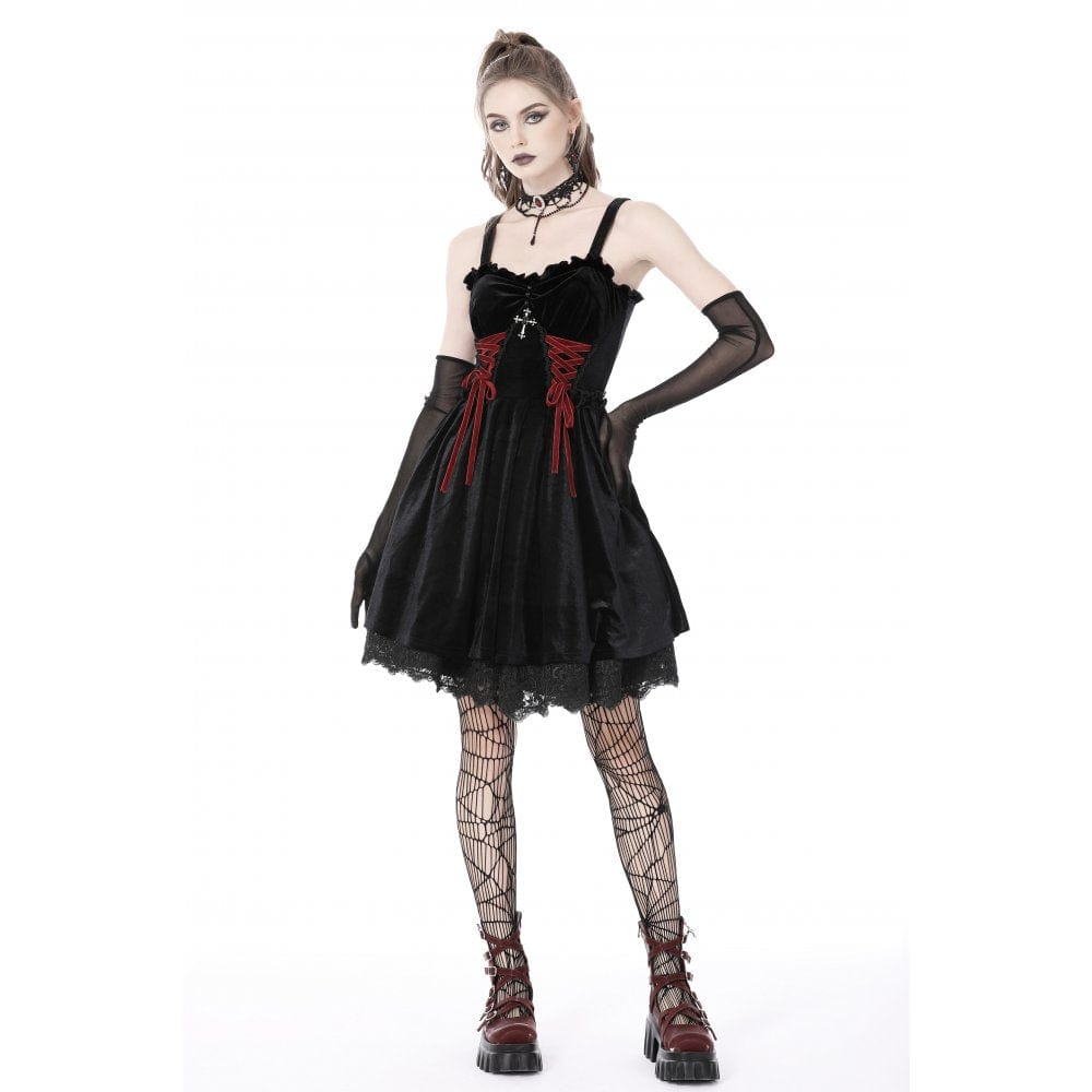 Darkinlove Women's Gothic Strappy Cross Velvet Slip Dress