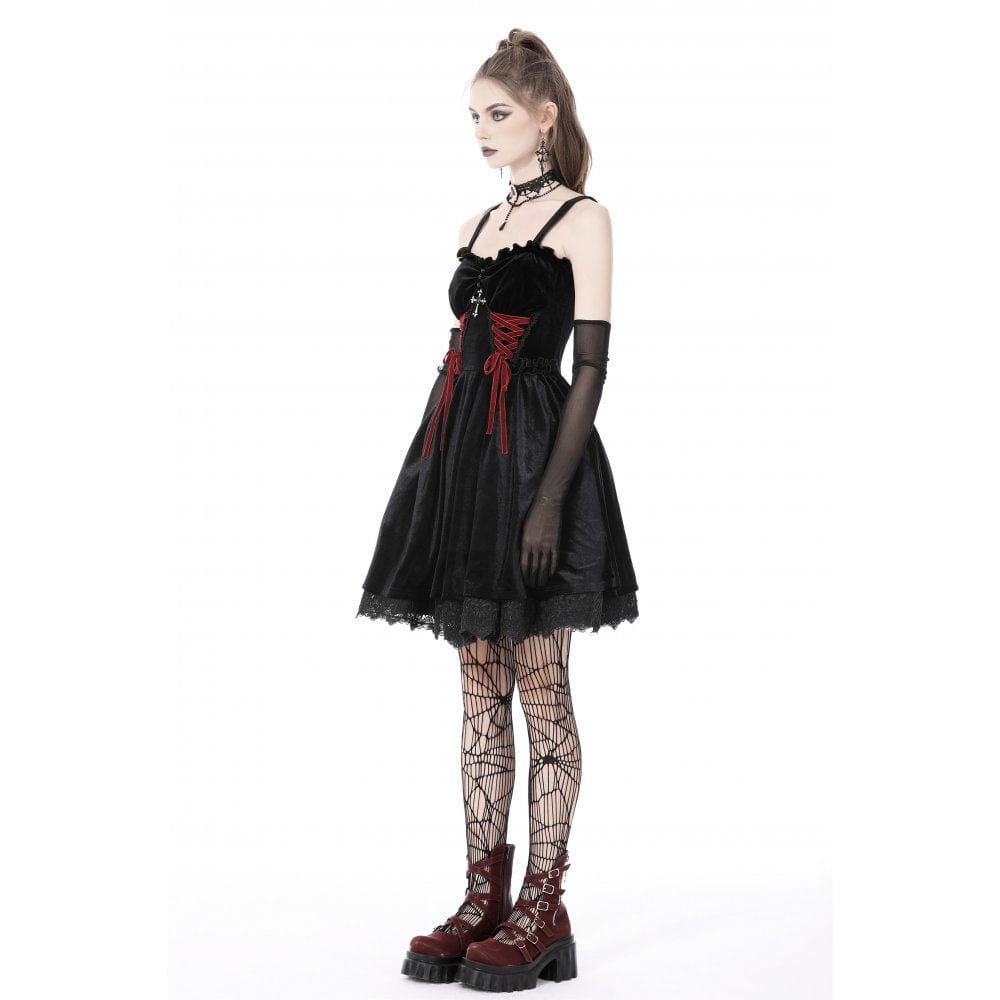 Darkinlove Women's Gothic Strappy Cross Velvet Slip Dress