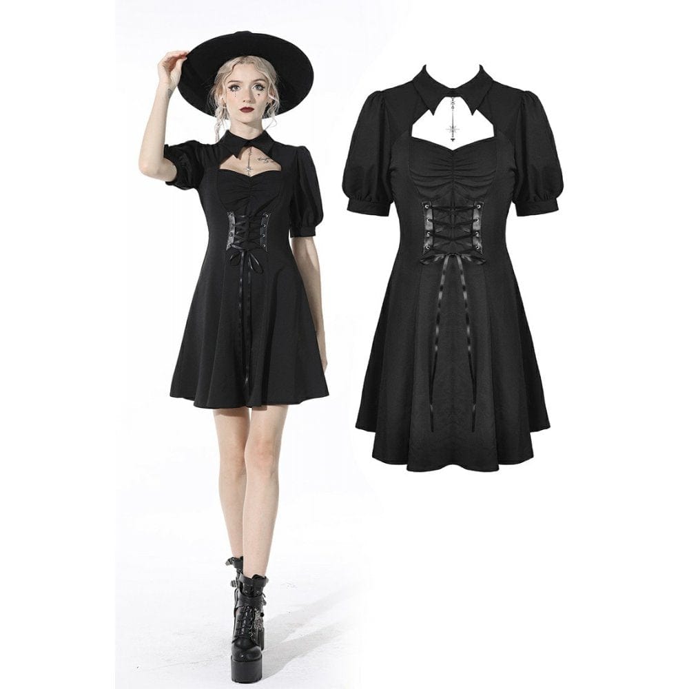 Darkinlove Women's Gothic Strappy Cutout Black Pleated Dress