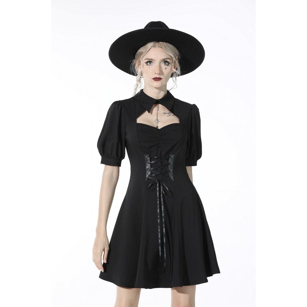 Darkinlove Women's Gothic Strappy Cutout Black Pleated Dress