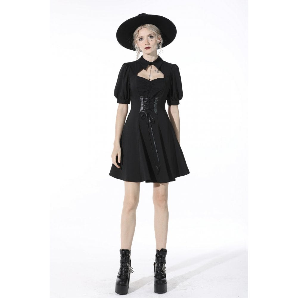 Darkinlove Women's Gothic Strappy Cutout Black Pleated Dress