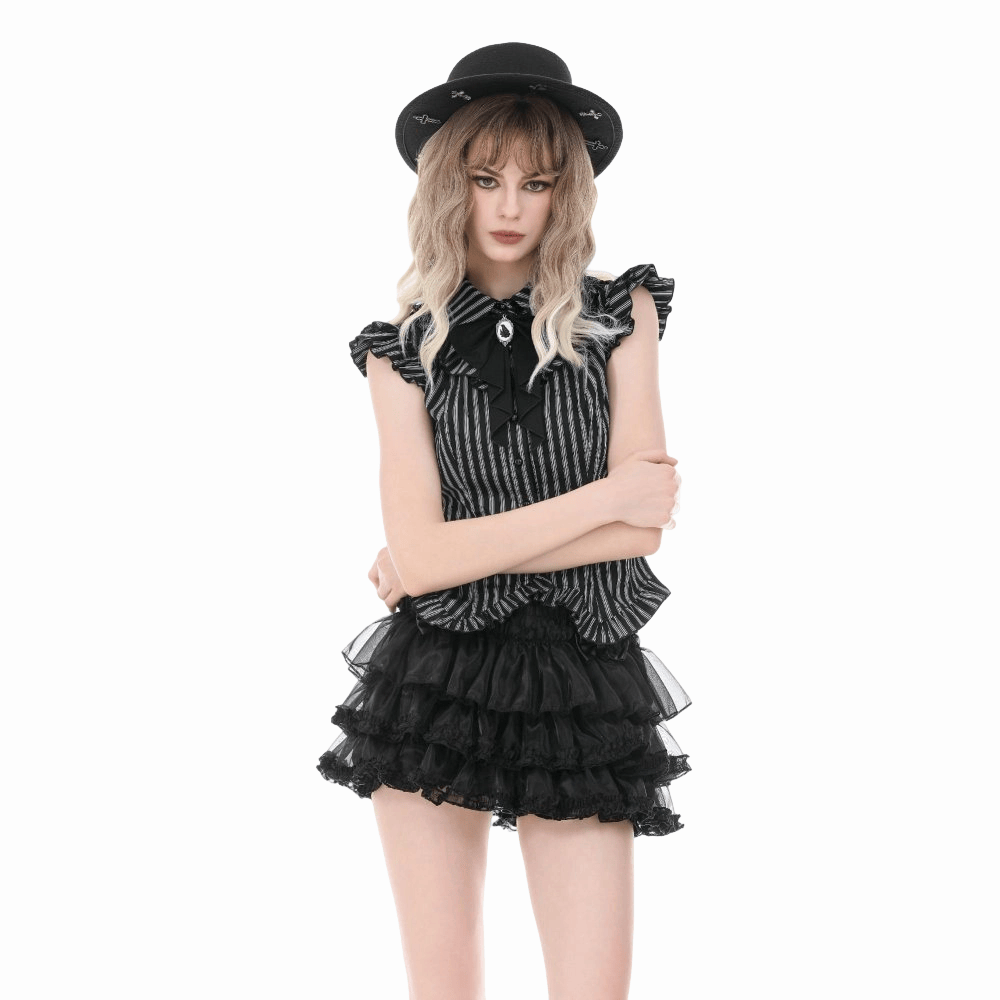 Darkinlove Women's Gothic Striped Turn-down Collar Shirt with Detachable Tie