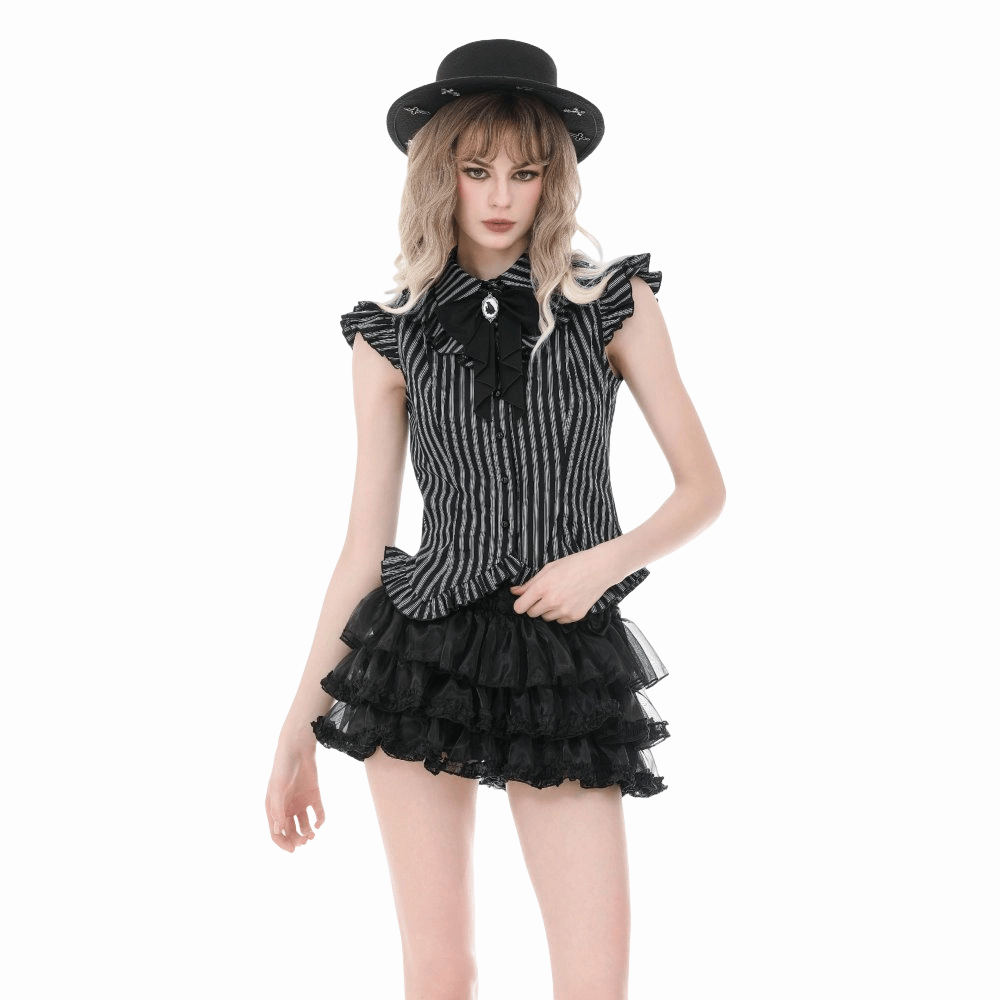 Darkinlove Women's Gothic Striped Turn-down Collar Shirt with Detachable Tie