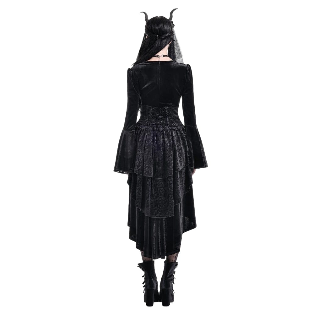 Darkinlove Women's Gothic Tiered Ruffle High-Low Hem Embossed Velvet Underbust Corset Skirt