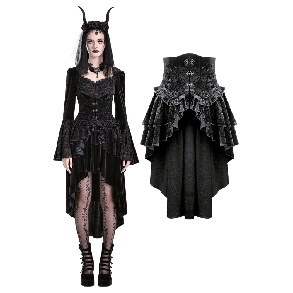 Darkinlove Women's Gothic Tiered Ruffle High-Low Hem Embossed Velvet Underbust Corset Skirt