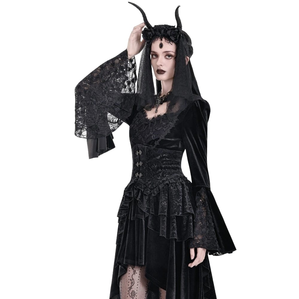 Darkinlove Women's Gothic Tiered Ruffle High-Low Hem Embossed Velvet Underbust Corset Skirt