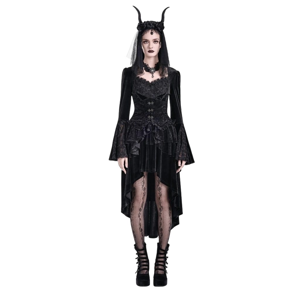Darkinlove Women's Gothic Tiered Ruffle High-Low Hem Embossed Velvet Underbust Corset Skirt
