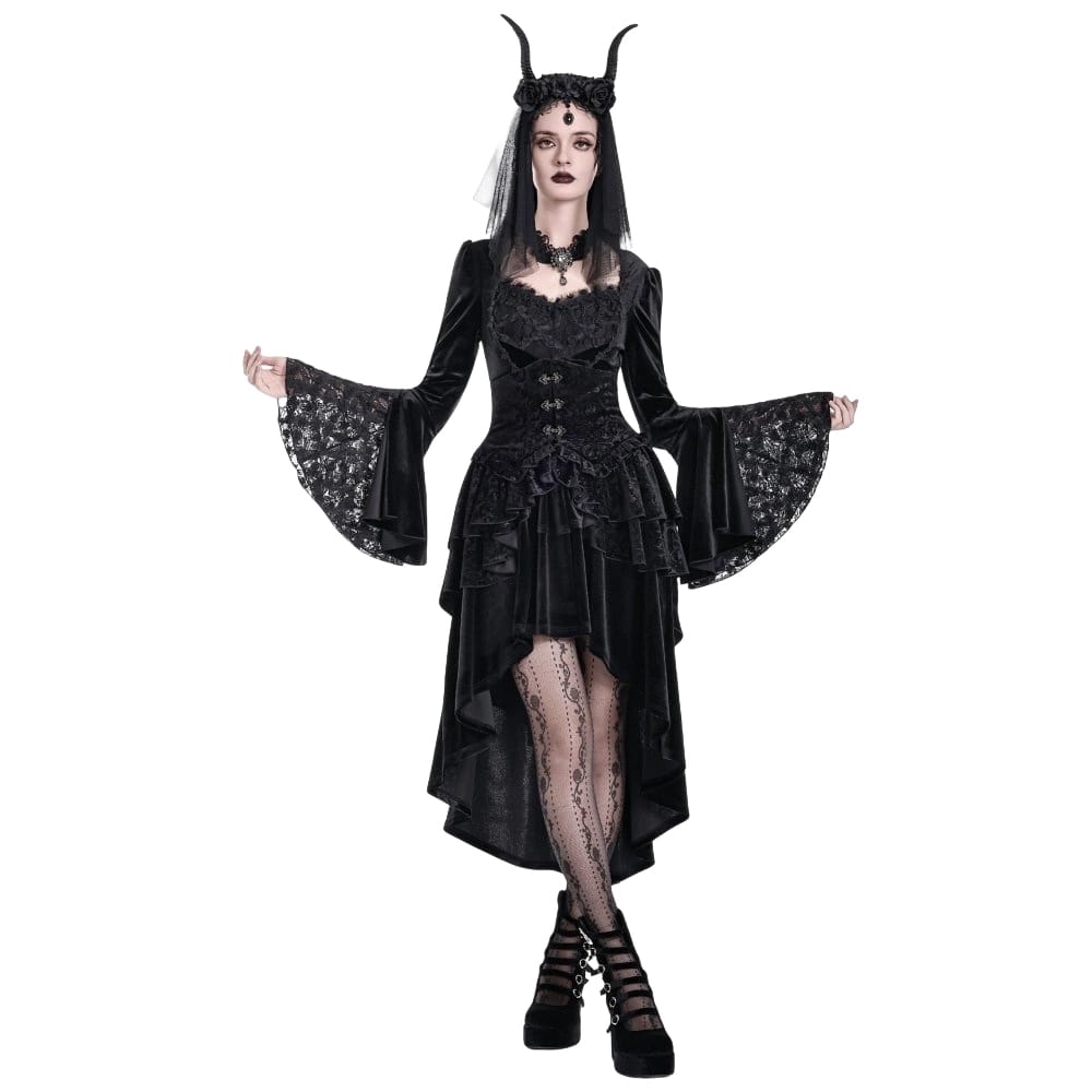 Darkinlove Women's Gothic Tiered Ruffle High-Low Hem Embossed Velvet Underbust Corset Skirt