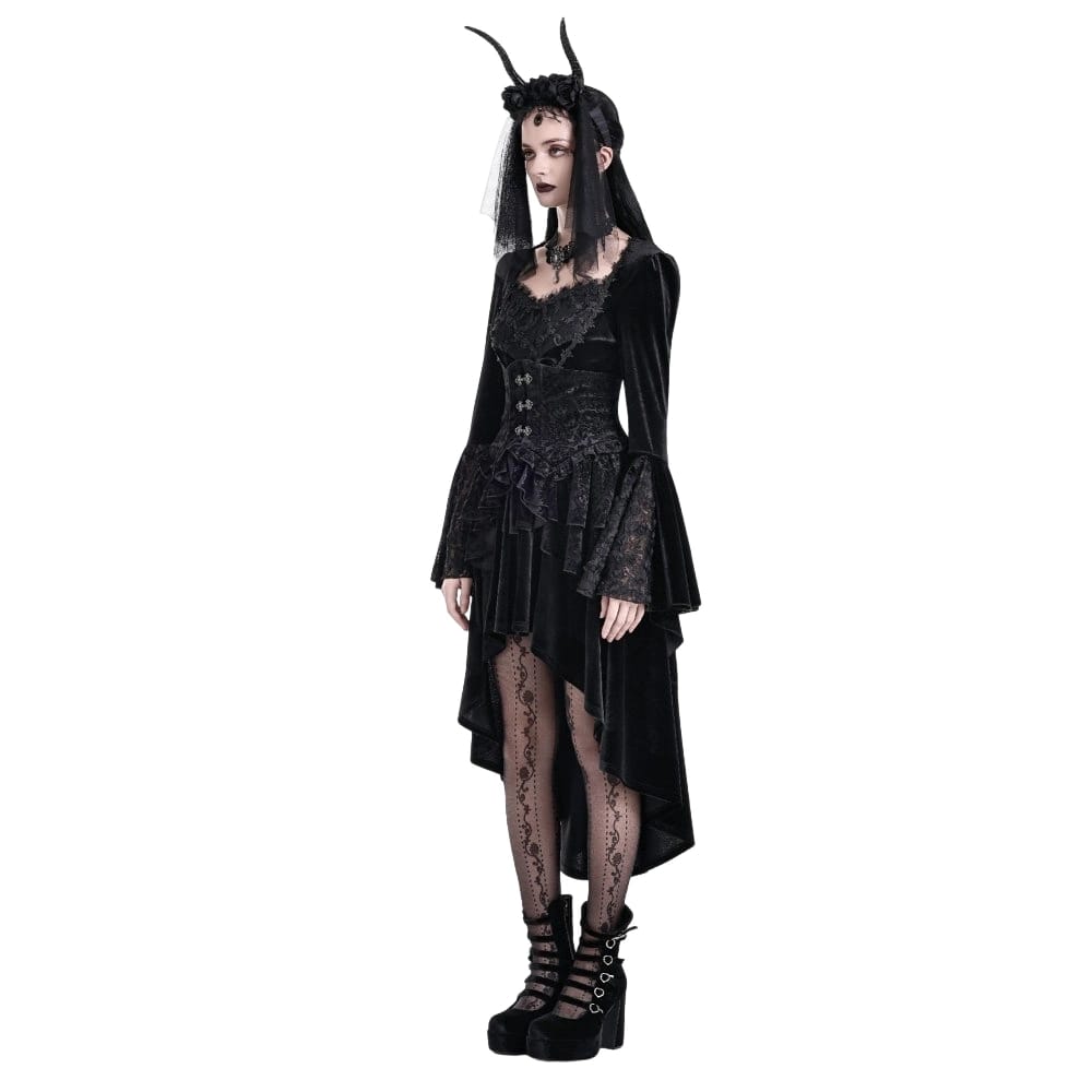 Darkinlove Women's Gothic Tiered Ruffle High-Low Hem Embossed Velvet Underbust Corset Skirt