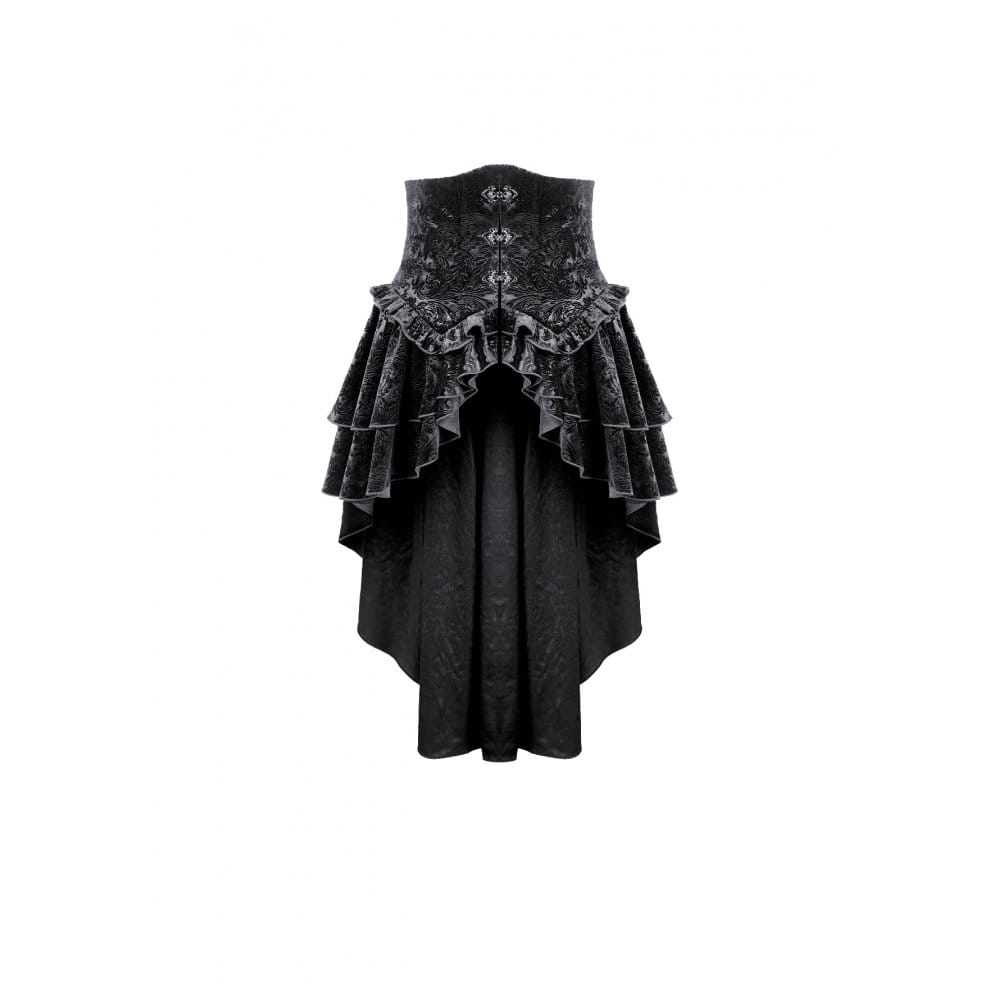 Darkinlove Women's Gothic Tiered Ruffle High-Low Hem Embossed Velvet Underbust Corset Skirt