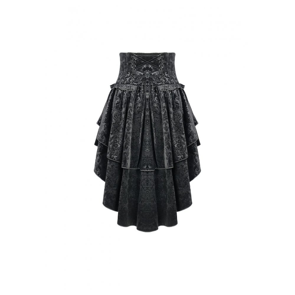 Darkinlove Women's Gothic Tiered Ruffle High-Low Hem Embossed Velvet Underbust Corset Skirt