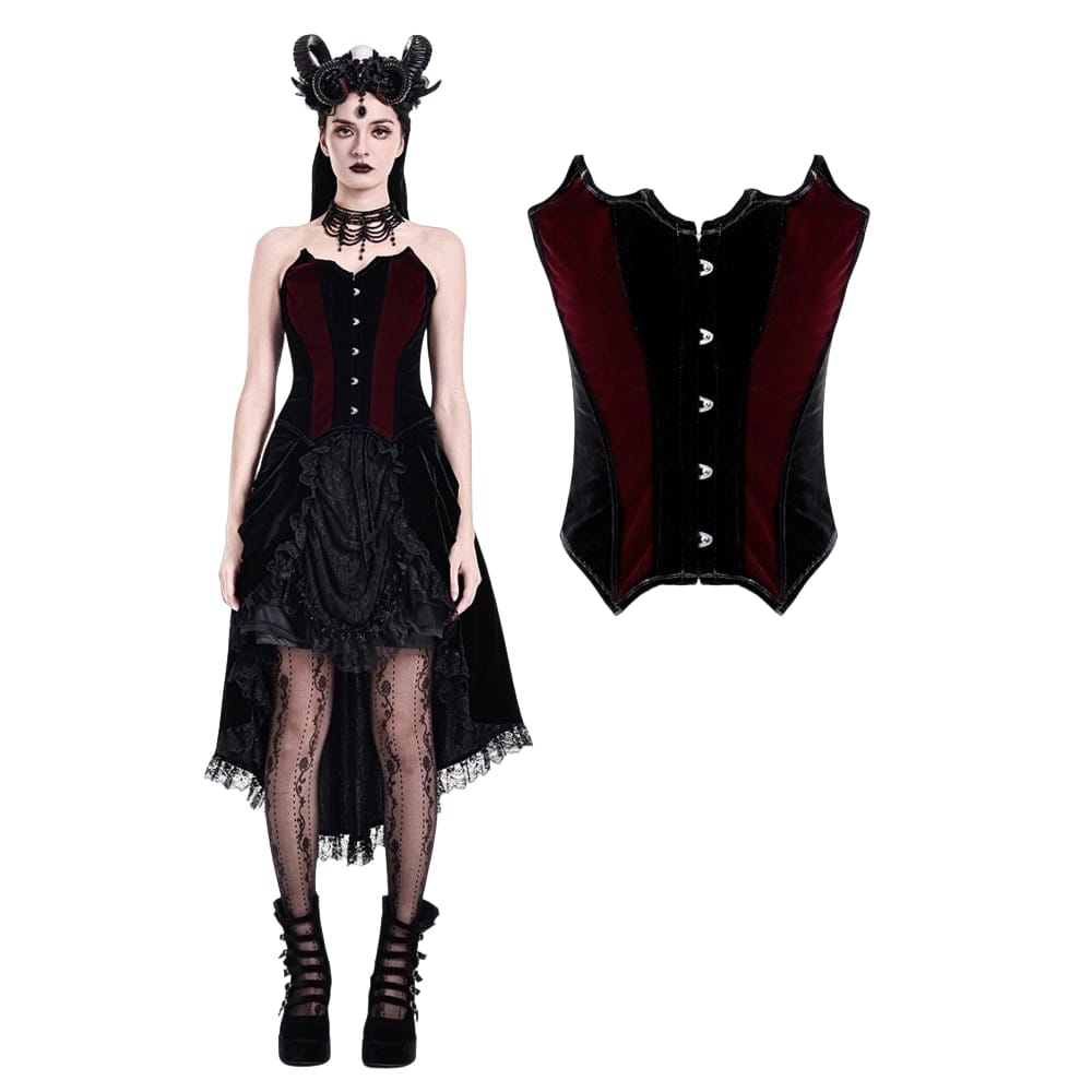 Darkinlove Women's Gothic Velvet Colorblock Bat Wing Cut Edge Overbust Corset