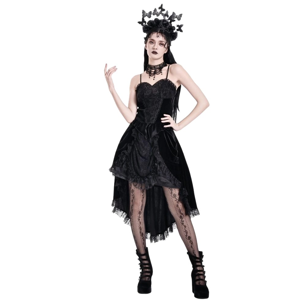 Darkinlove Women's Gothic Velvet Lace-up Ruffle High-Low Skirt