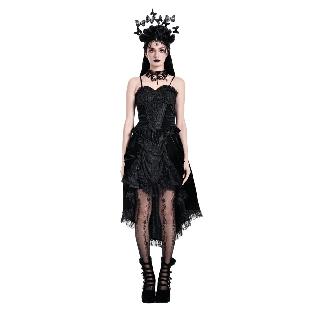 Darkinlove Women's Gothic Velvet Lace-up Ruffle High-Low Skirt