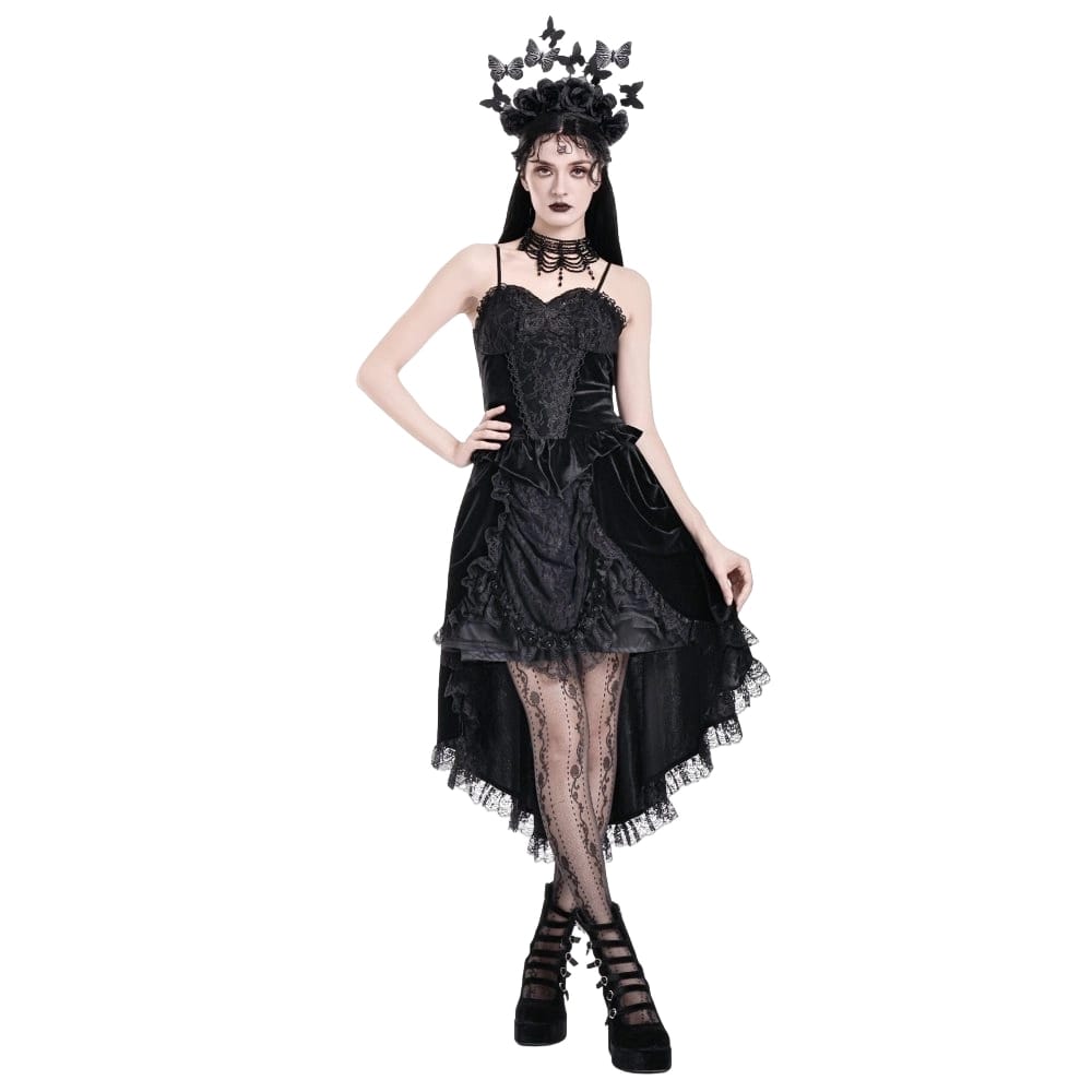 Darkinlove Women's Gothic Velvet Lace-up Ruffle High-Low Skirt