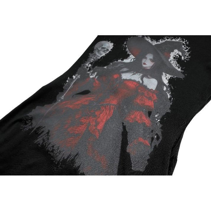 Darkinlove Women's Gothic Witch Print Irregular Hem Flare Sleeve Short Dress