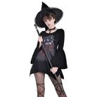 Darkinlove Women's Gothic Witch Print Irregular Hem Flare Sleeve Short Dress