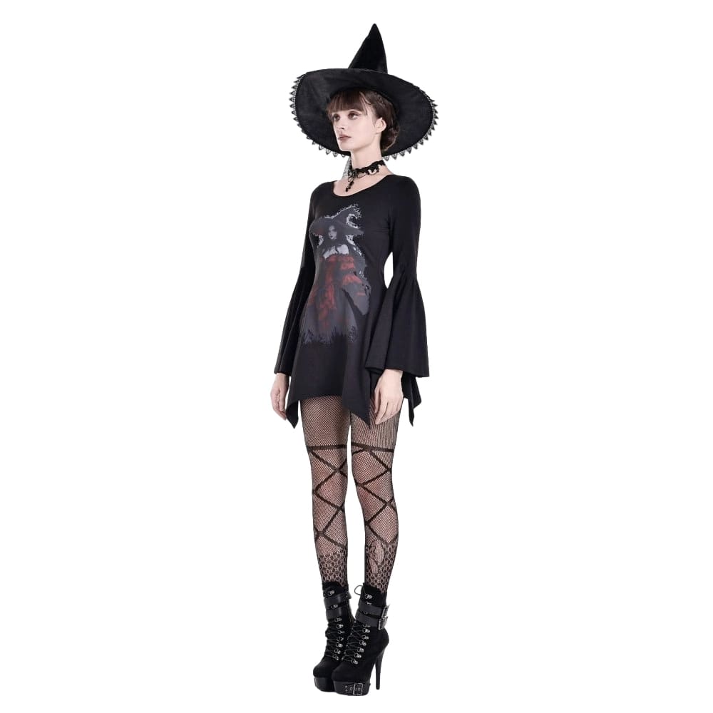 Darkinlove Women's Gothic Witch Print Irregular Hem Flare Sleeve Short Dress