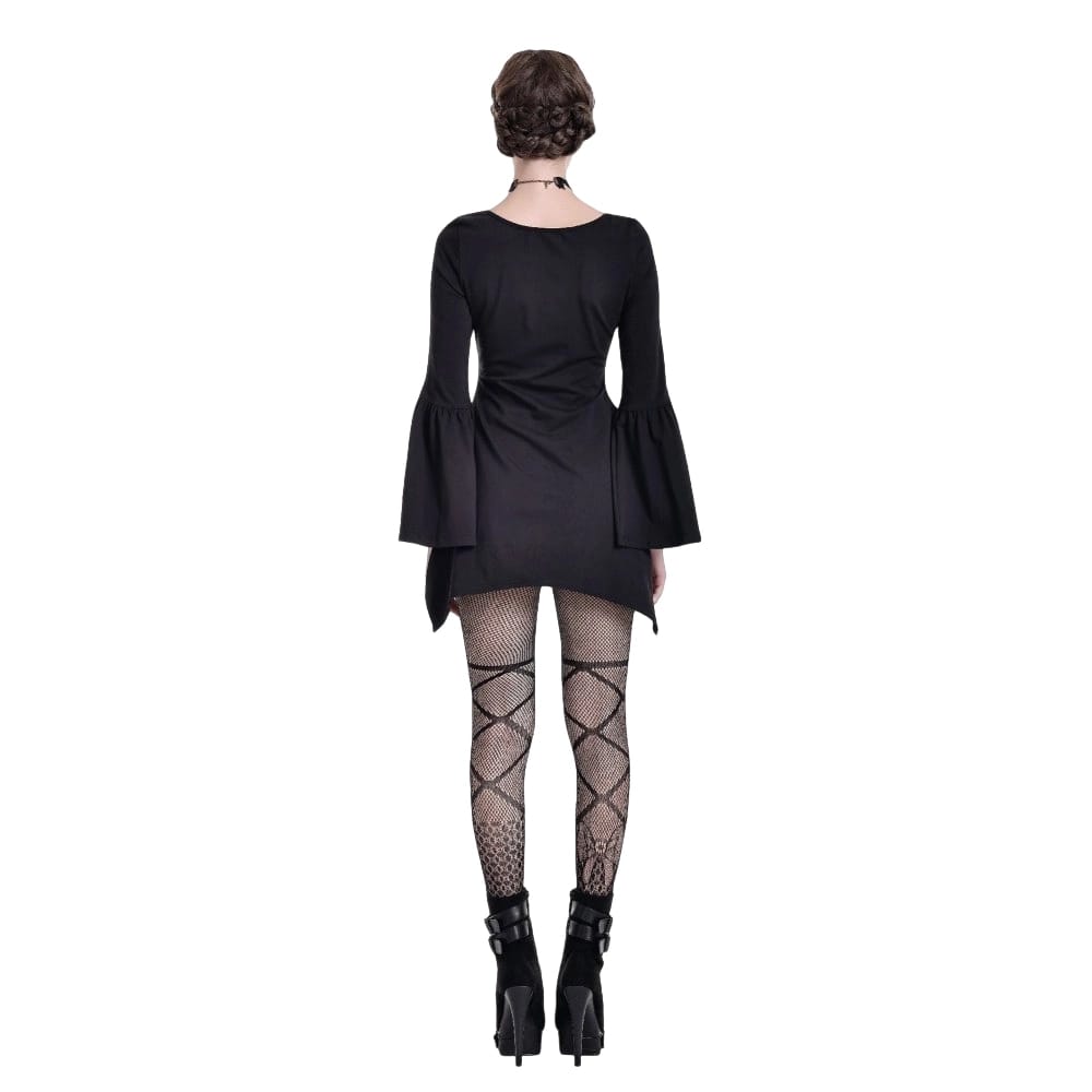 Darkinlove Women's Gothic Witch Print Irregular Hem Flare Sleeve Short Dress