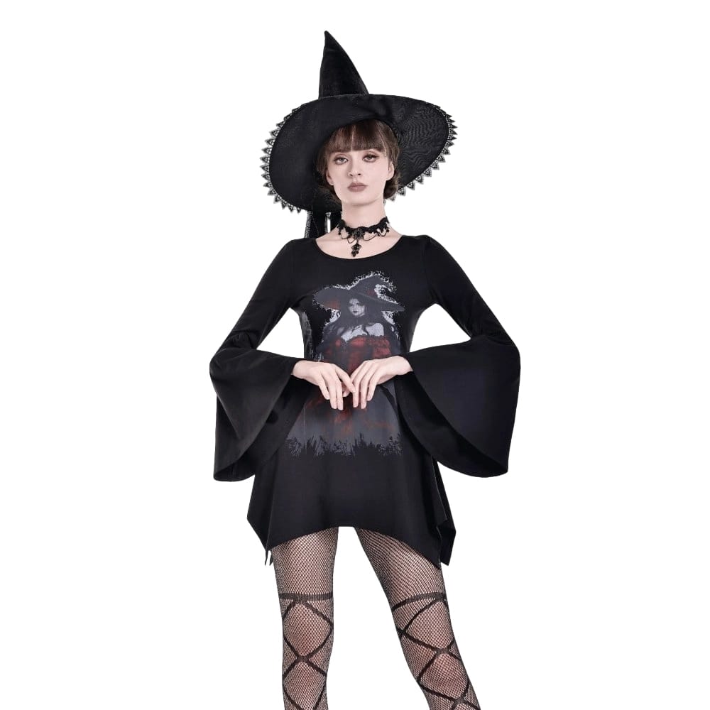 Darkinlove Women's Gothic Witch Print Irregular Hem Flare Sleeve Short Dress