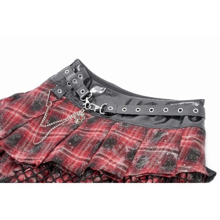 Darkinlove Women's Grunge Chained Multilayer Plaid Skirt