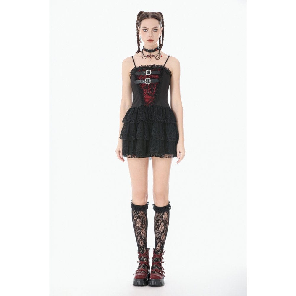 Darkinlove Women's Grunge Contrast Color Lace Tiered Slip Dress