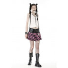 Darkinlove Women's Grunge Faux Leather Splice Plaid Pleated Shirt