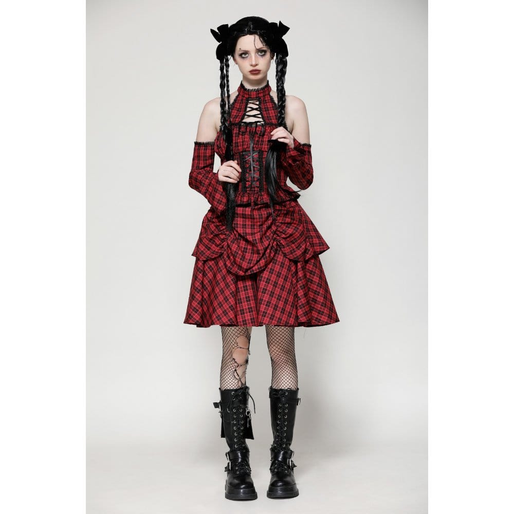 Darkinlove Women's Grunge Lace-up Plaid Dress with Gloves Red