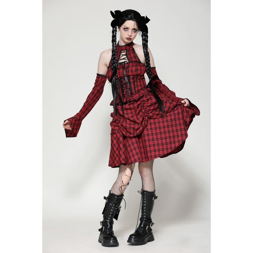 Darkinlove Women's Grunge Lace-up Plaid Dress with Gloves Red