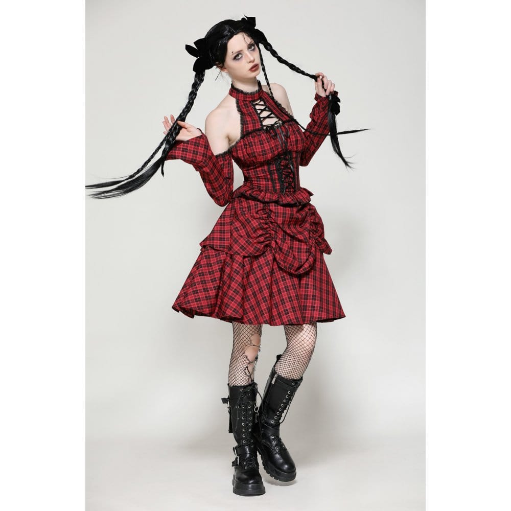 Darkinlove Women's Grunge Lace-up Plaid Dress with Gloves Red