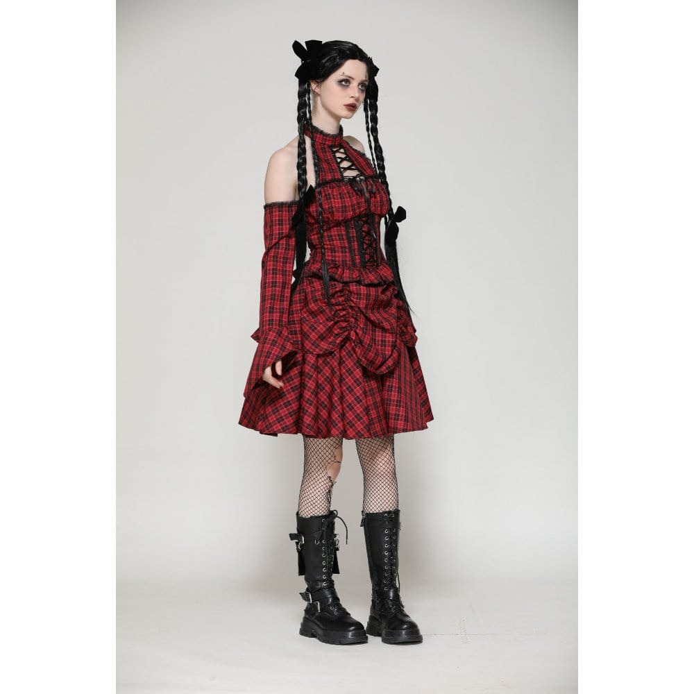 Darkinlove Women's Grunge Lace-up Plaid Dress with Gloves Red