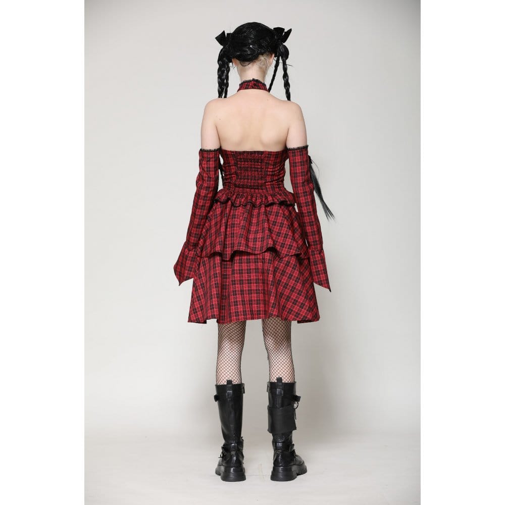 Darkinlove Women's Grunge Lace-up Plaid Dress with Gloves Red