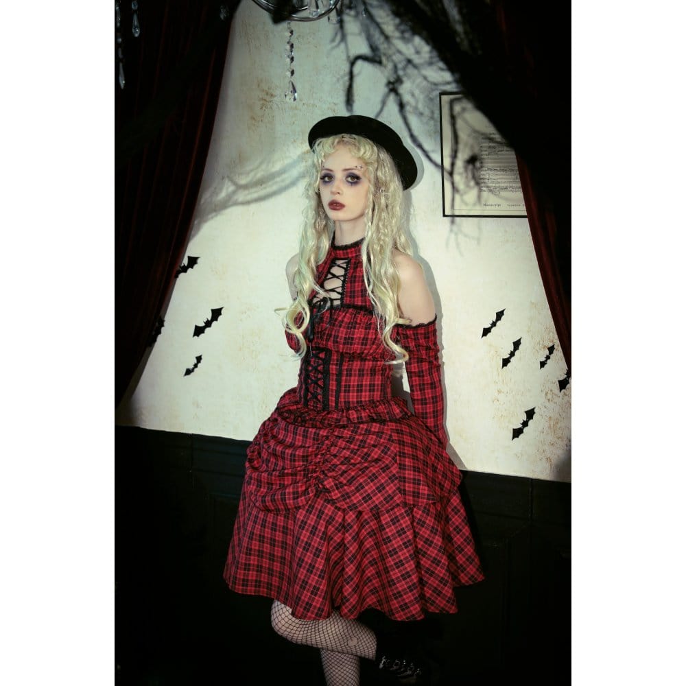 Darkinlove Women's Grunge Lace-up Plaid Dress with Gloves Red