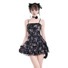 Darkinlove Women's Grunge Lace-up Rose Layered Ruffle Hem Slip Dress