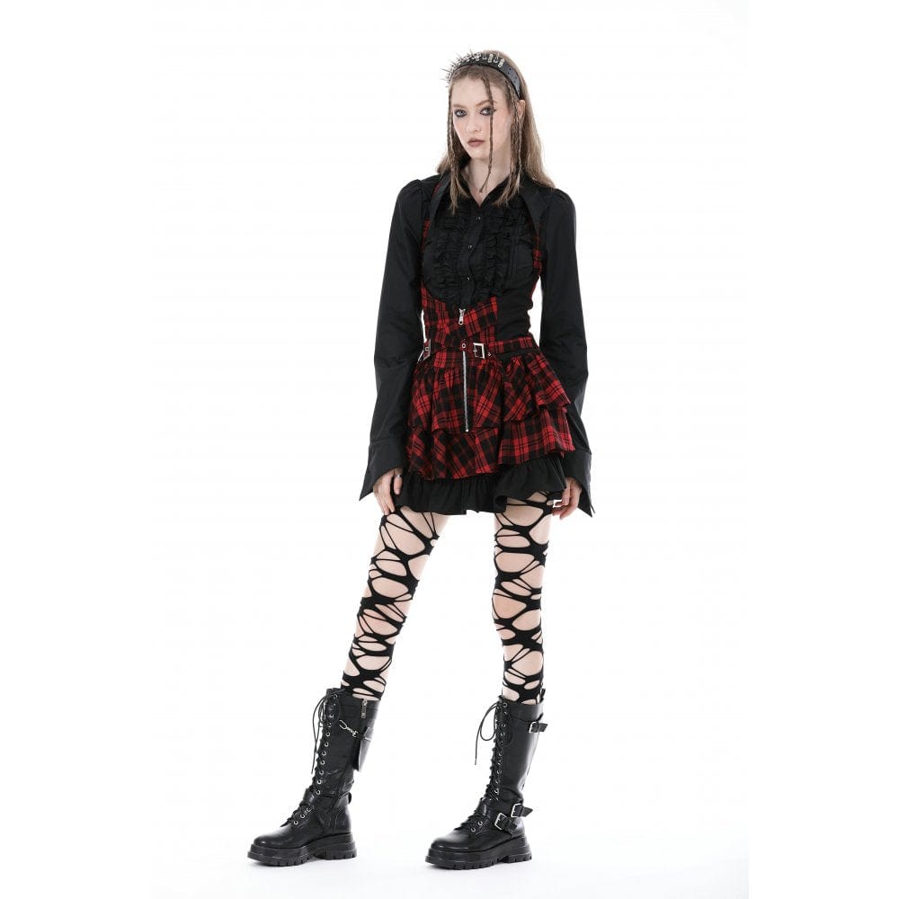 Darkinlove Women's Grunge Layered Plaid Suspender Skirt