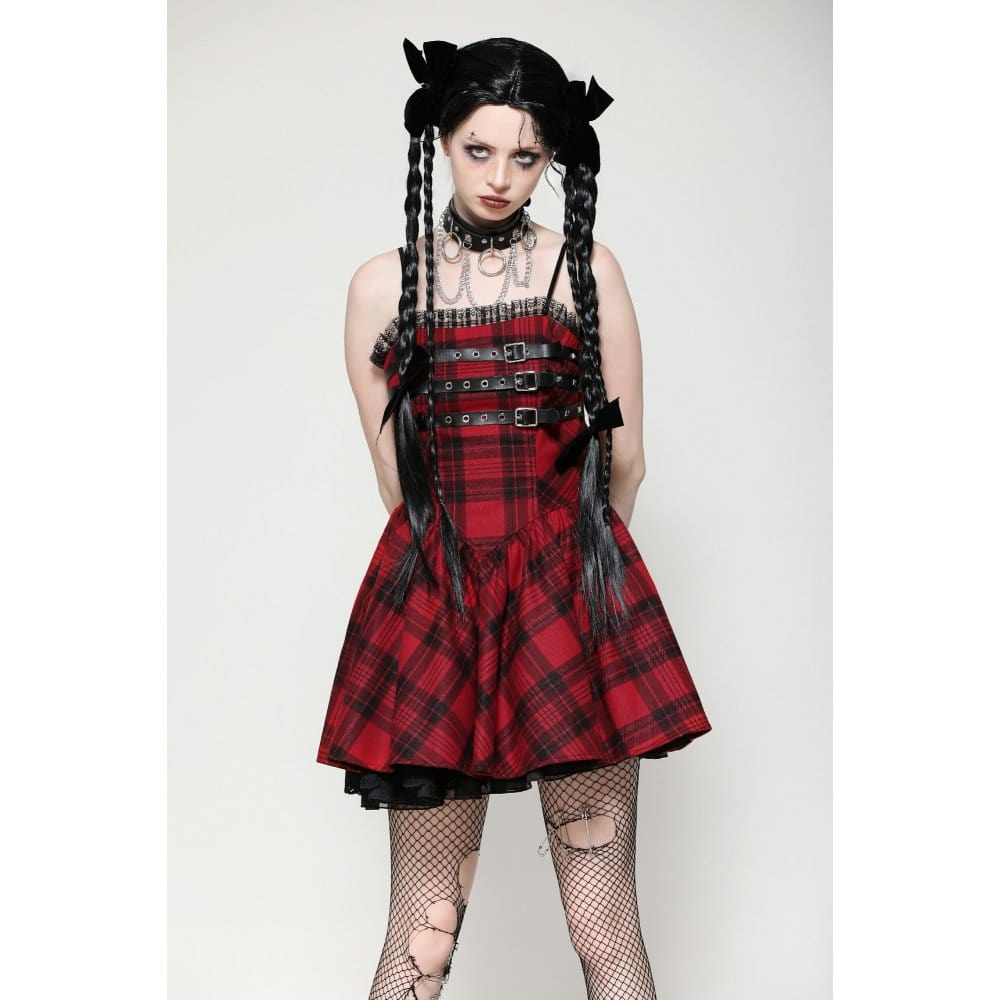 Darkinlove Women's Grunge Pleated Eyelets Plaid Dress Red