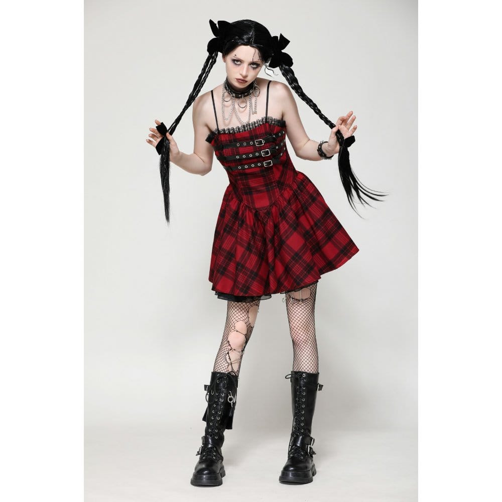 Darkinlove Women's Grunge Pleated Eyelets Plaid Dress Red