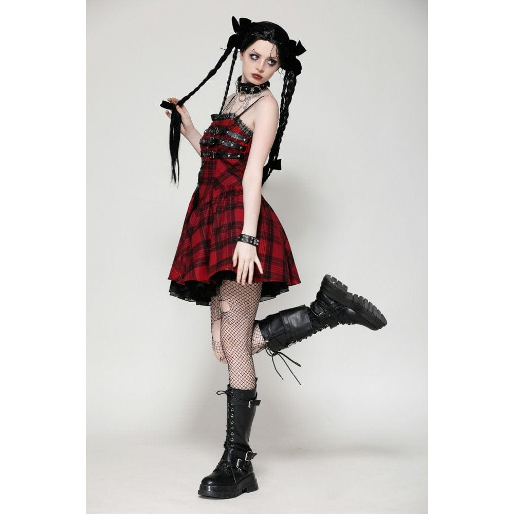 Darkinlove Women's Grunge Pleated Eyelets Plaid Dress Red