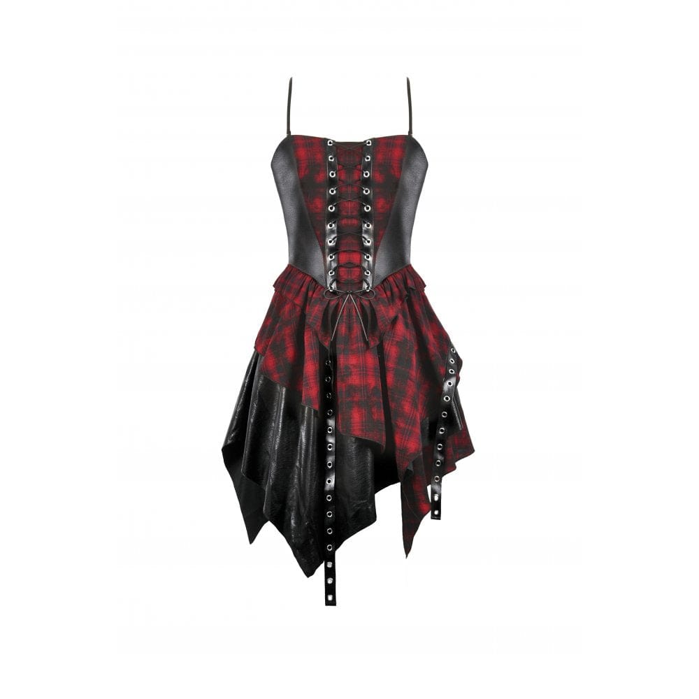 Darkinlove Women's Grunge Red Plaid Irregular Hem Faux Leather Slip Dress