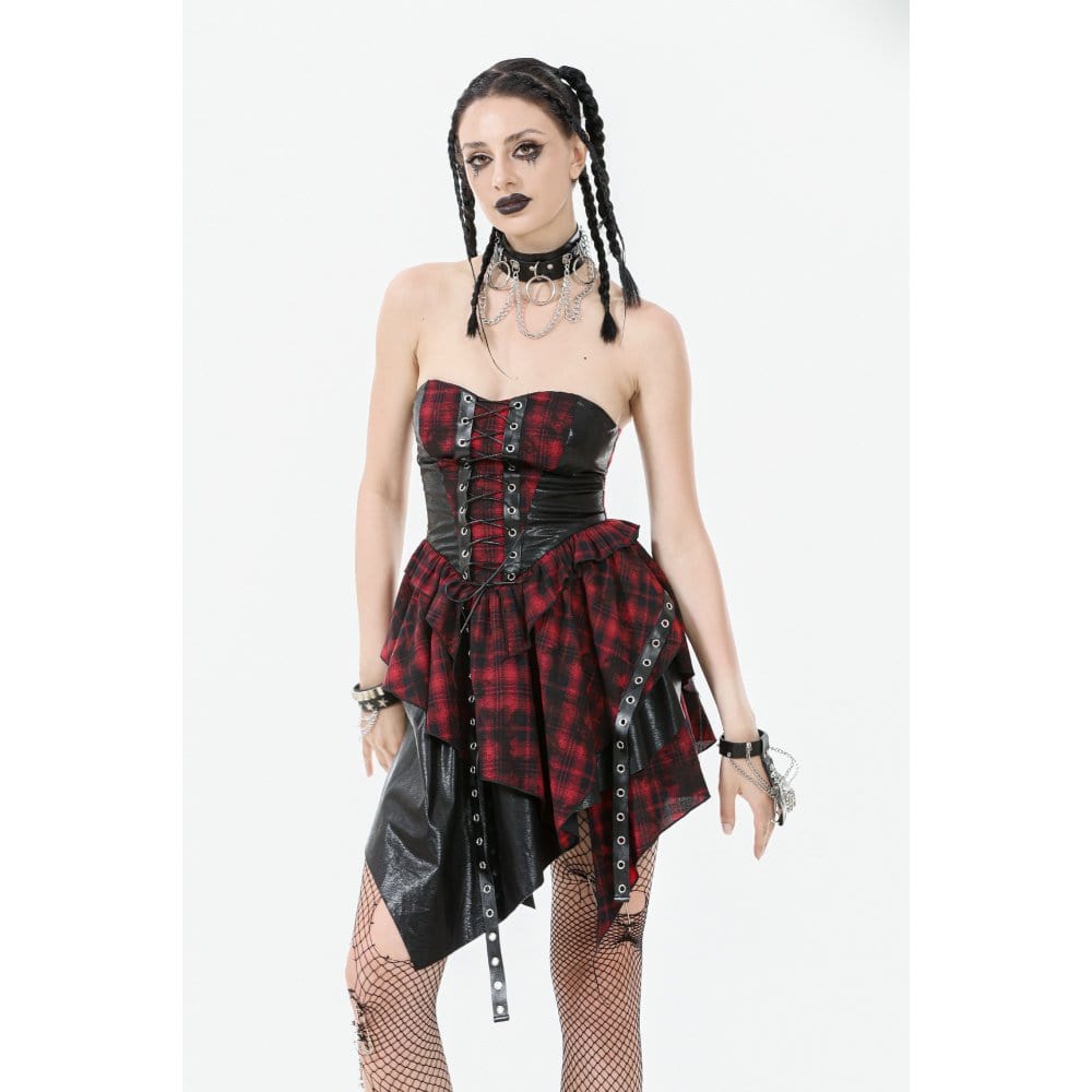 Darkinlove Women's Grunge Red Plaid Irregular Hem Faux Leather Slip Dress