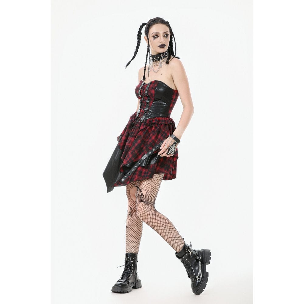 Darkinlove Women's Grunge Red Plaid Irregular Hem Faux Leather Slip Dress