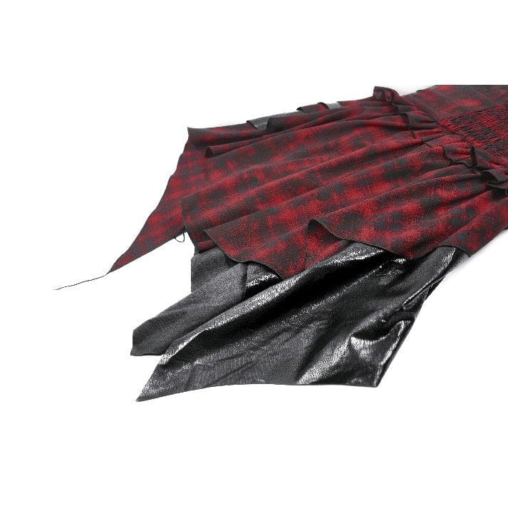 Darkinlove Women's Grunge Red Plaid Irregular Hem Faux Leather Slip Dress