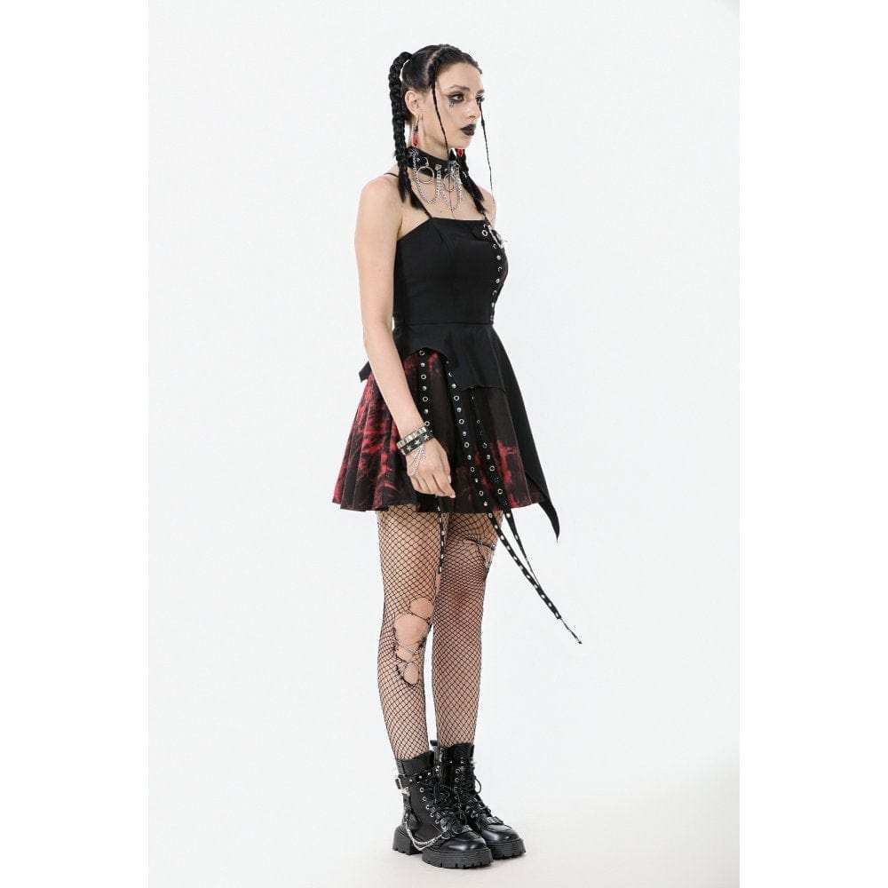 Darkinlove Women's Grunge Red Tie-dye Heart Straps Slip Dress