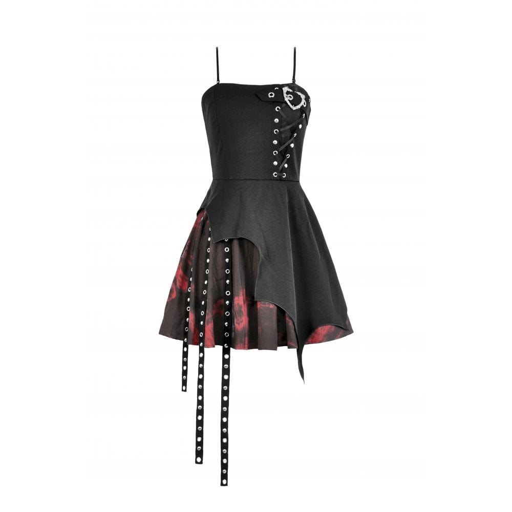 Darkinlove Women's Grunge Red Tie-dye Heart Straps Slip Dress