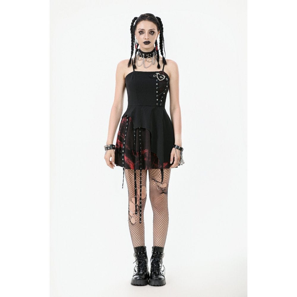 Darkinlove Women's Grunge Red Tie-dye Heart Straps Slip Dress