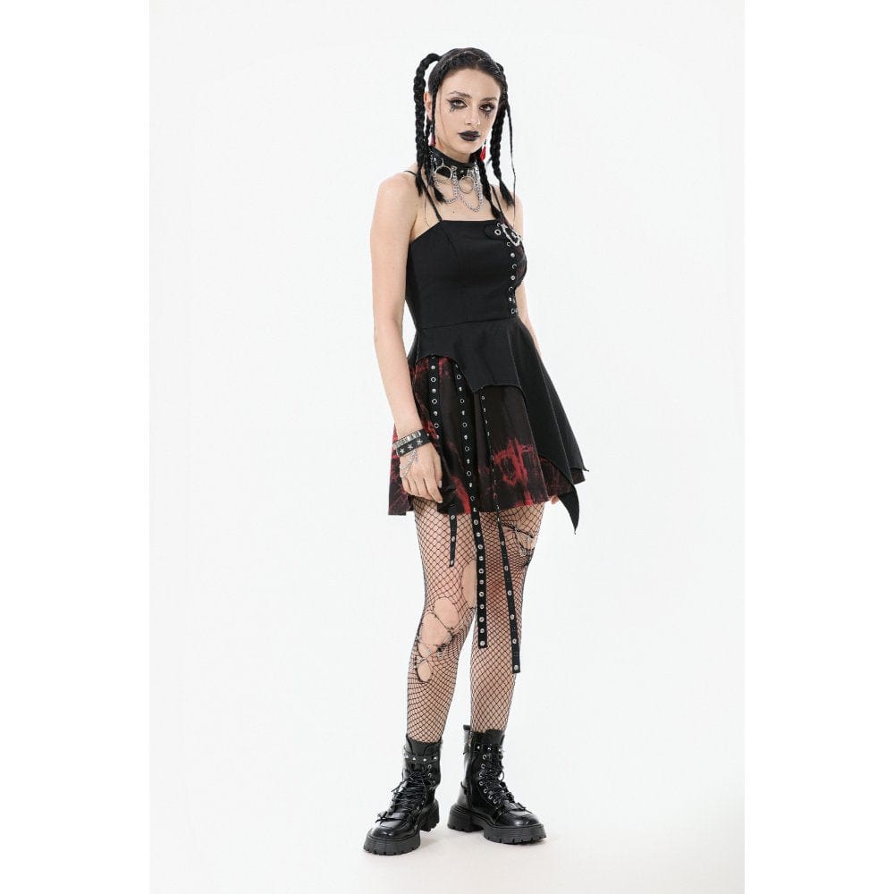 Darkinlove Women's Grunge Red Tie-dye Heart Straps Slip Dress