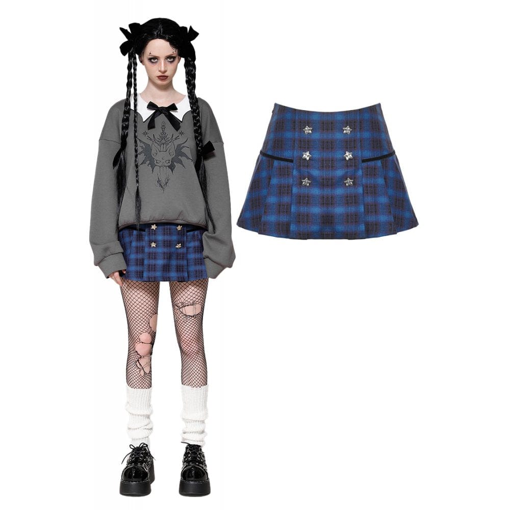 Darkinlove Women's Grunge Stars Plaid Short Skirt Blue